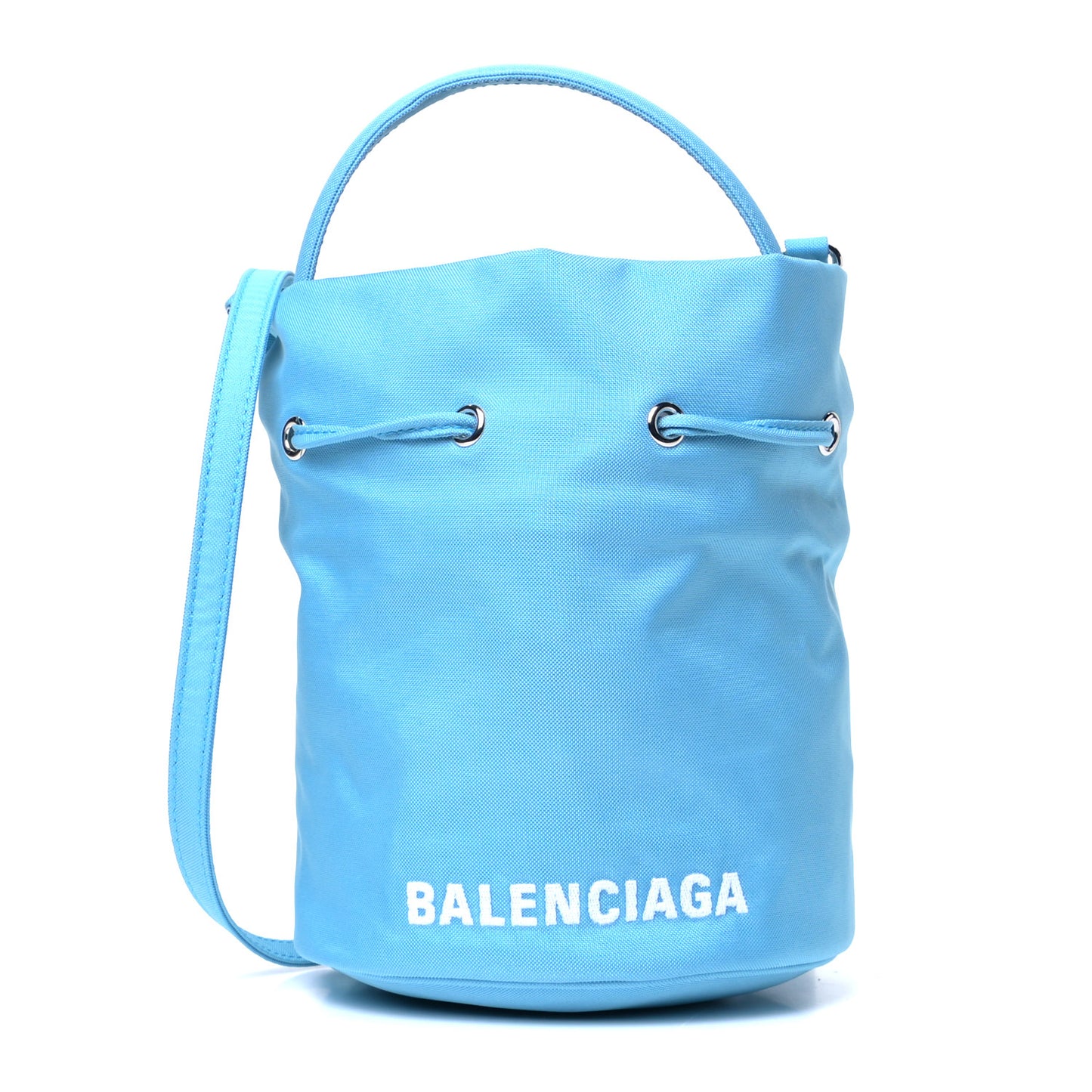 Recycled Sport Nylon Logo Embroidered Wheel Drawstring Bucket Bag Azur White
