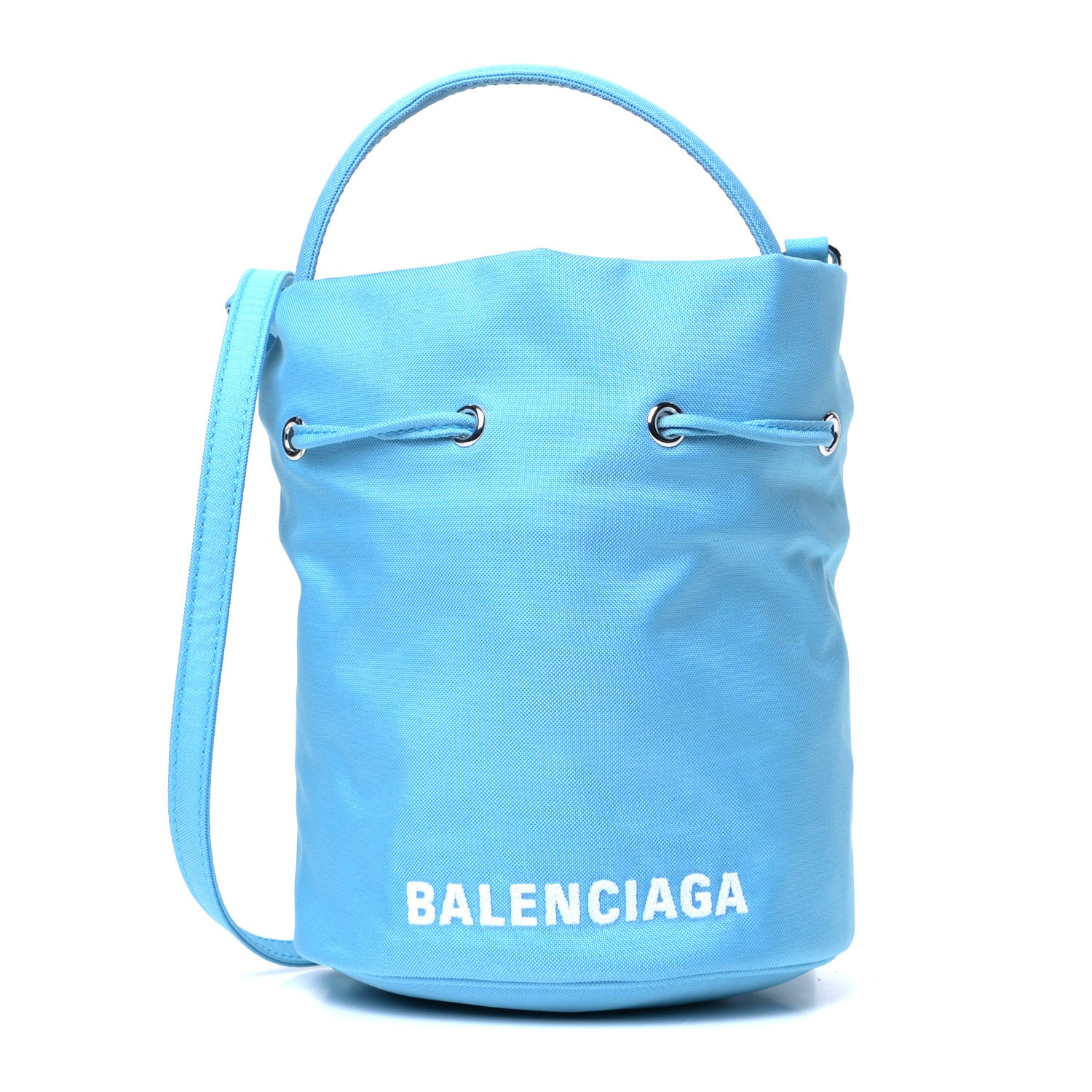 Balenciaga Recycled Sport Nylon Logo Embroidered Wheel Drawstring Bucket Bag Azur White 1 of 6