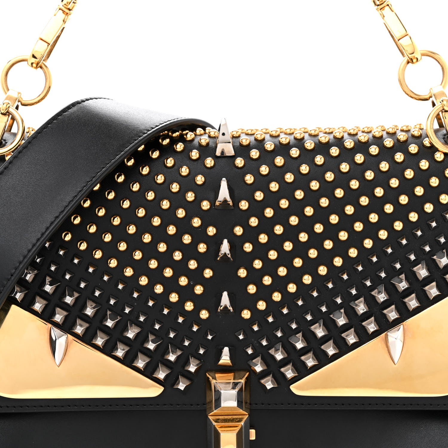 Fendi Vitello Liberty Lucido Metal Studded Monster Eyes Studded Kan I Shoulder Bag Black 9 of 15