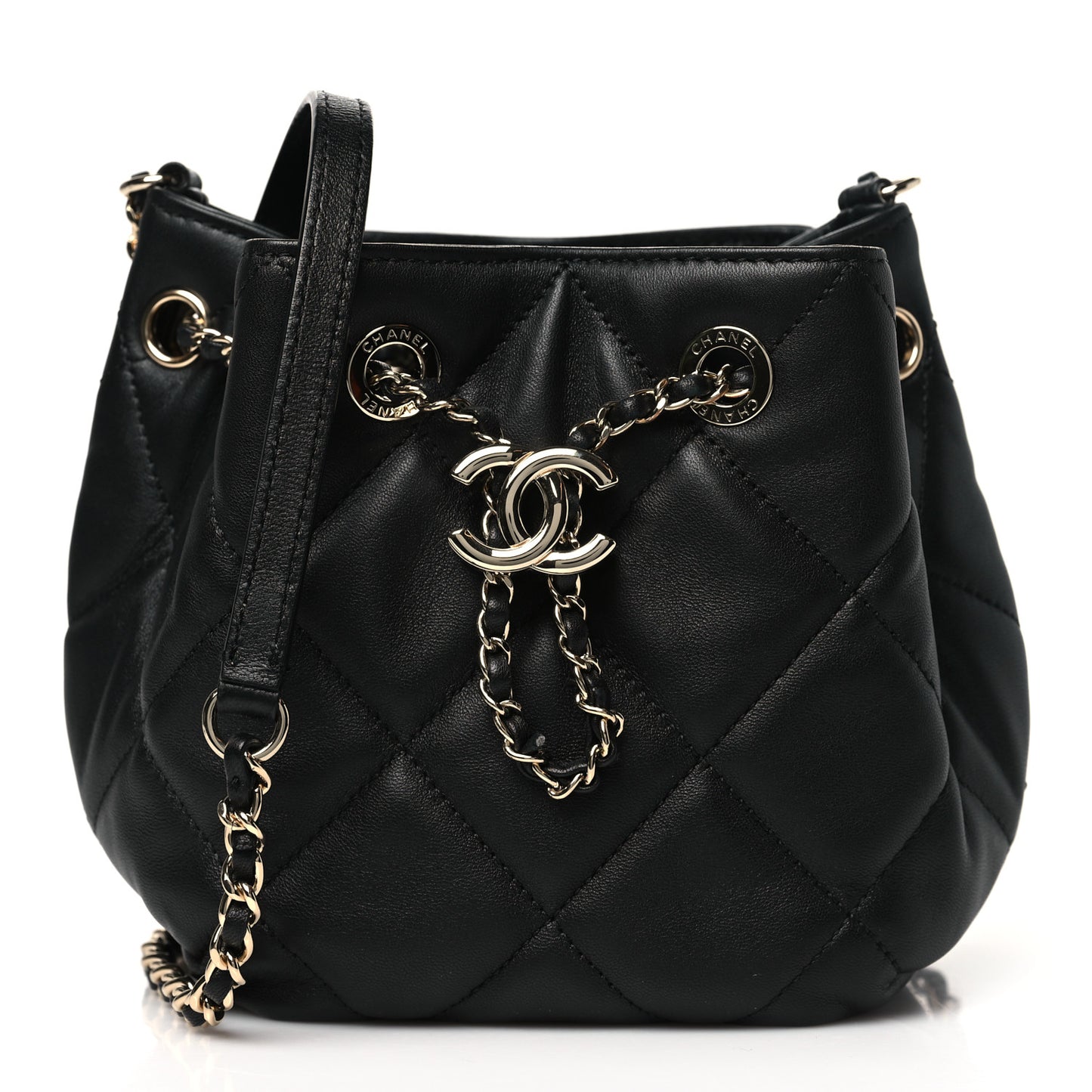 Lambskin Quilted CC Dweller Drawstring Bucket Bag Black