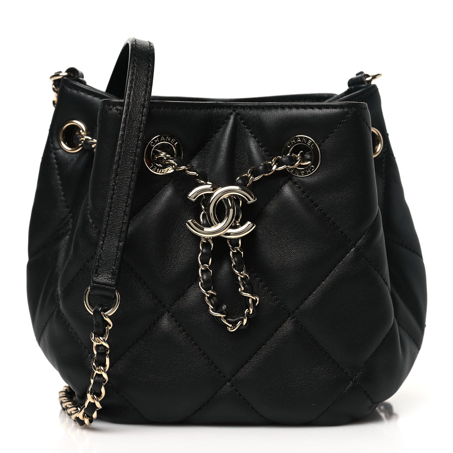 Chanel Lambskin Quilted CC Dweller Drawstring Bucket Bag Black 1 of 10