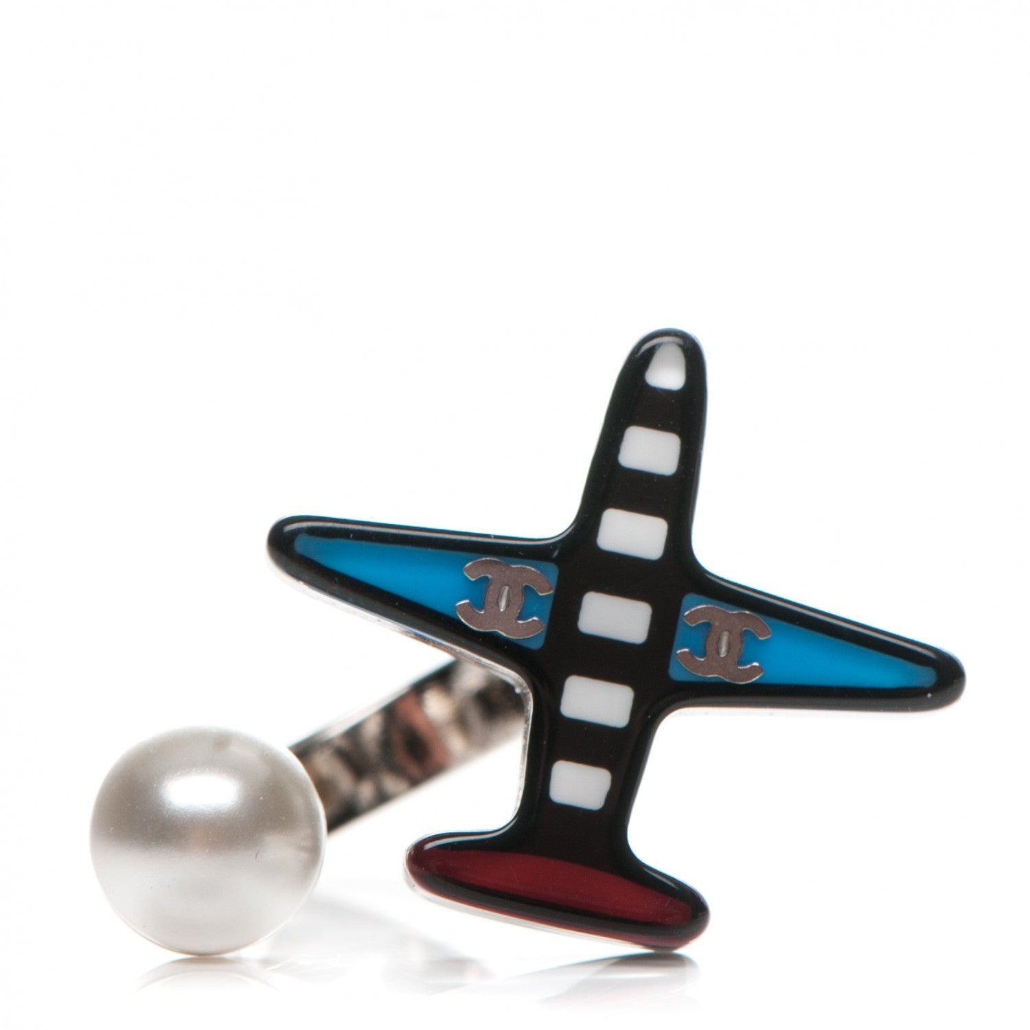 Chanel Resin Pearl Airplane Ring Blue Red 1 of 4
