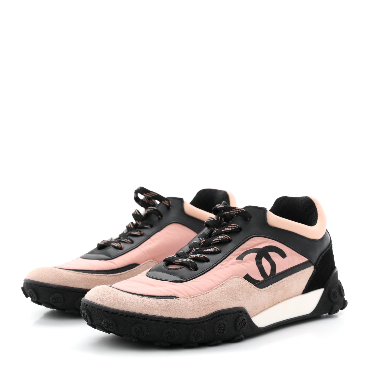 Chanel Nylon Calfskin Suede CC Womens Sneakers 37.5 Pink Black