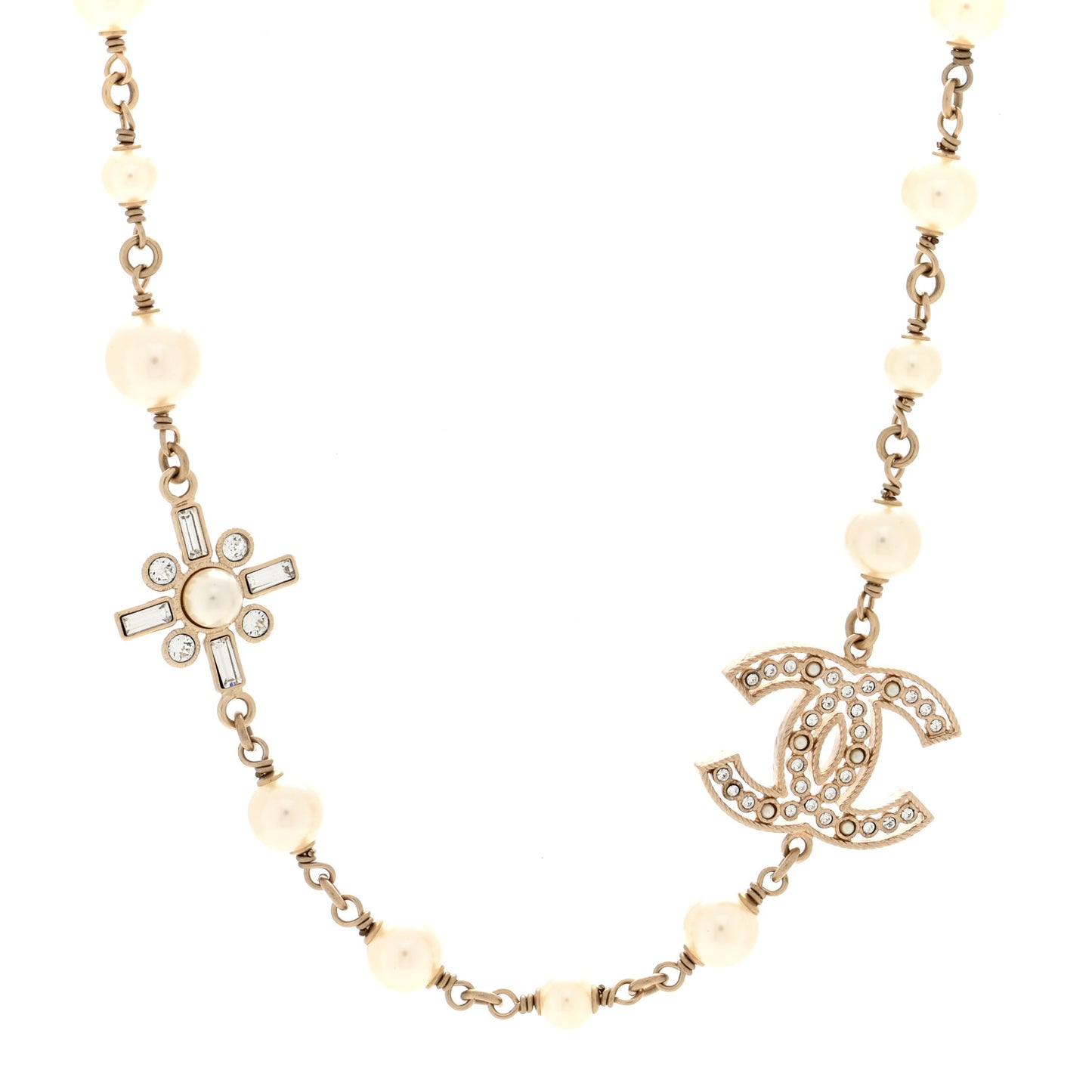 Crystal Baguette Pearl CC Cross Short Necklace Gold