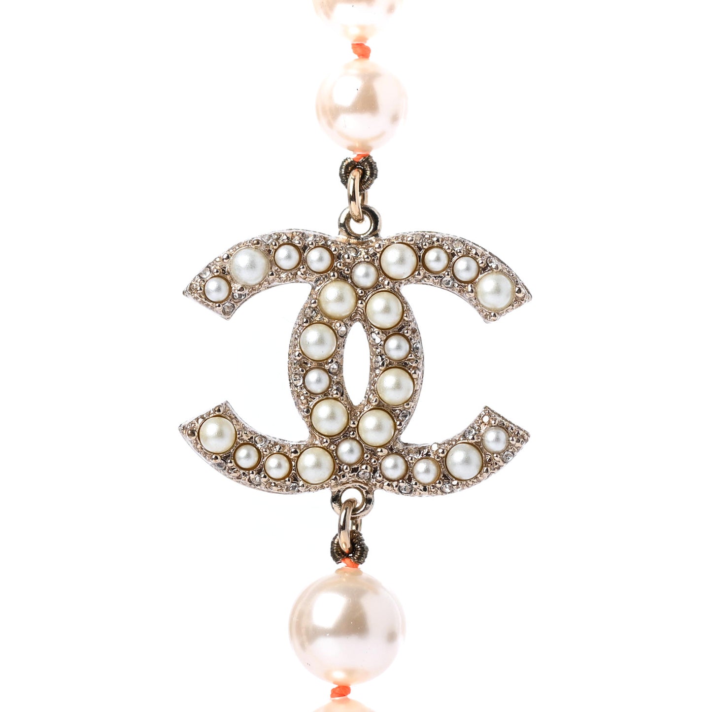 Pearl Crystal CC Long Necklace Gold Pearly White Orange