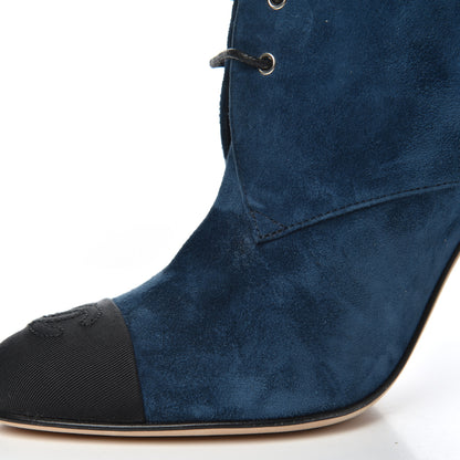 Chanel Suede Grosgrain Pearl Lace Up Booties 37 Dark Blue Black 10 of 16