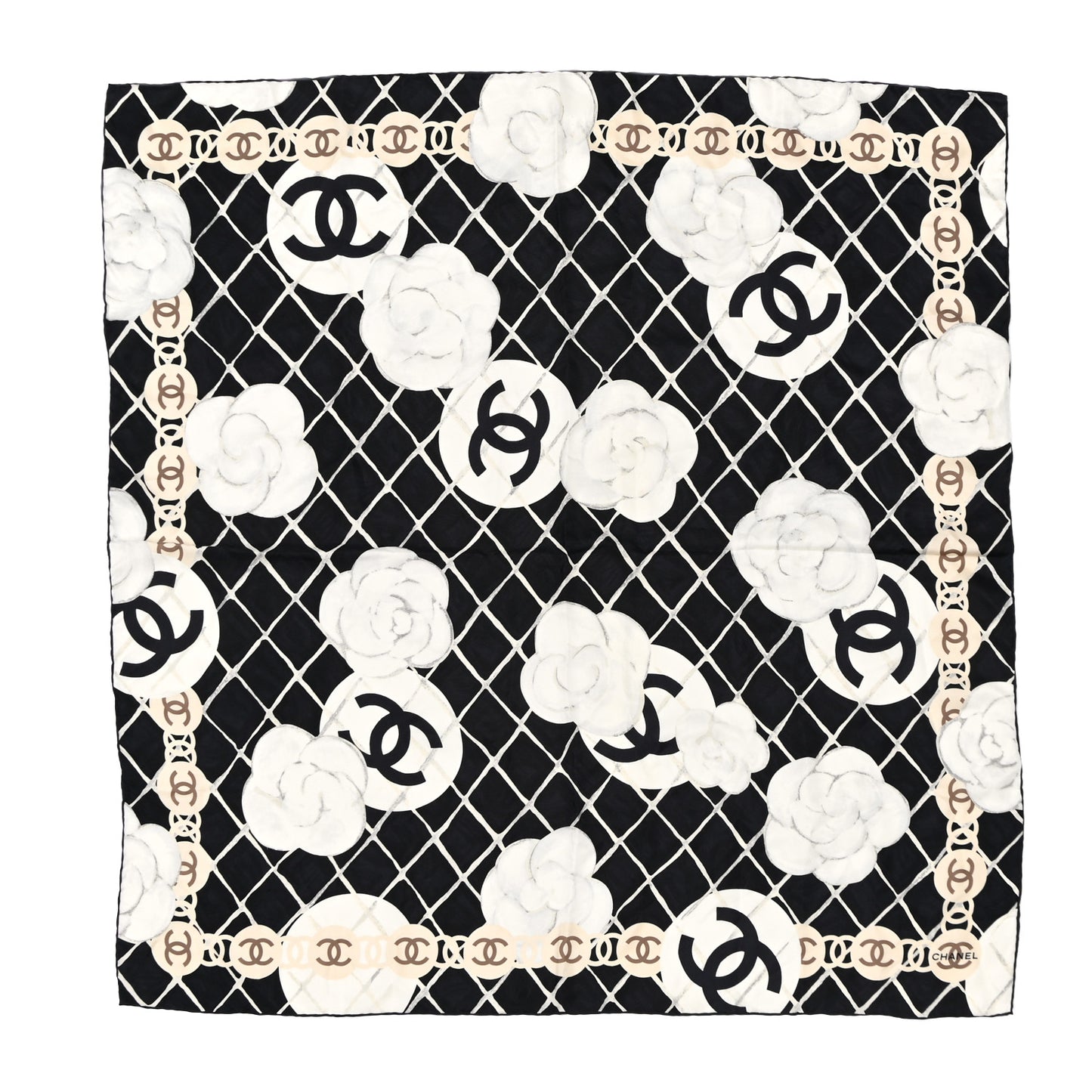 Silk Camellia CC Square Scarf Black