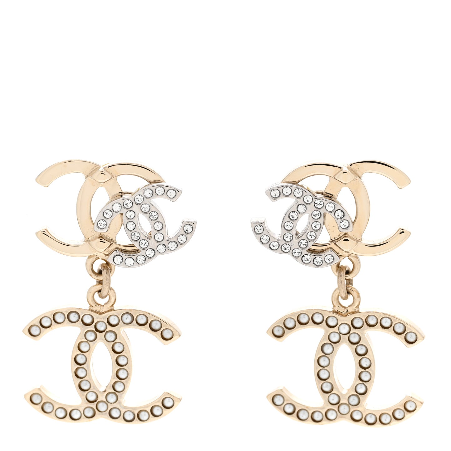 Crystal Pearl Double CC Drop Earrings Gold Silver