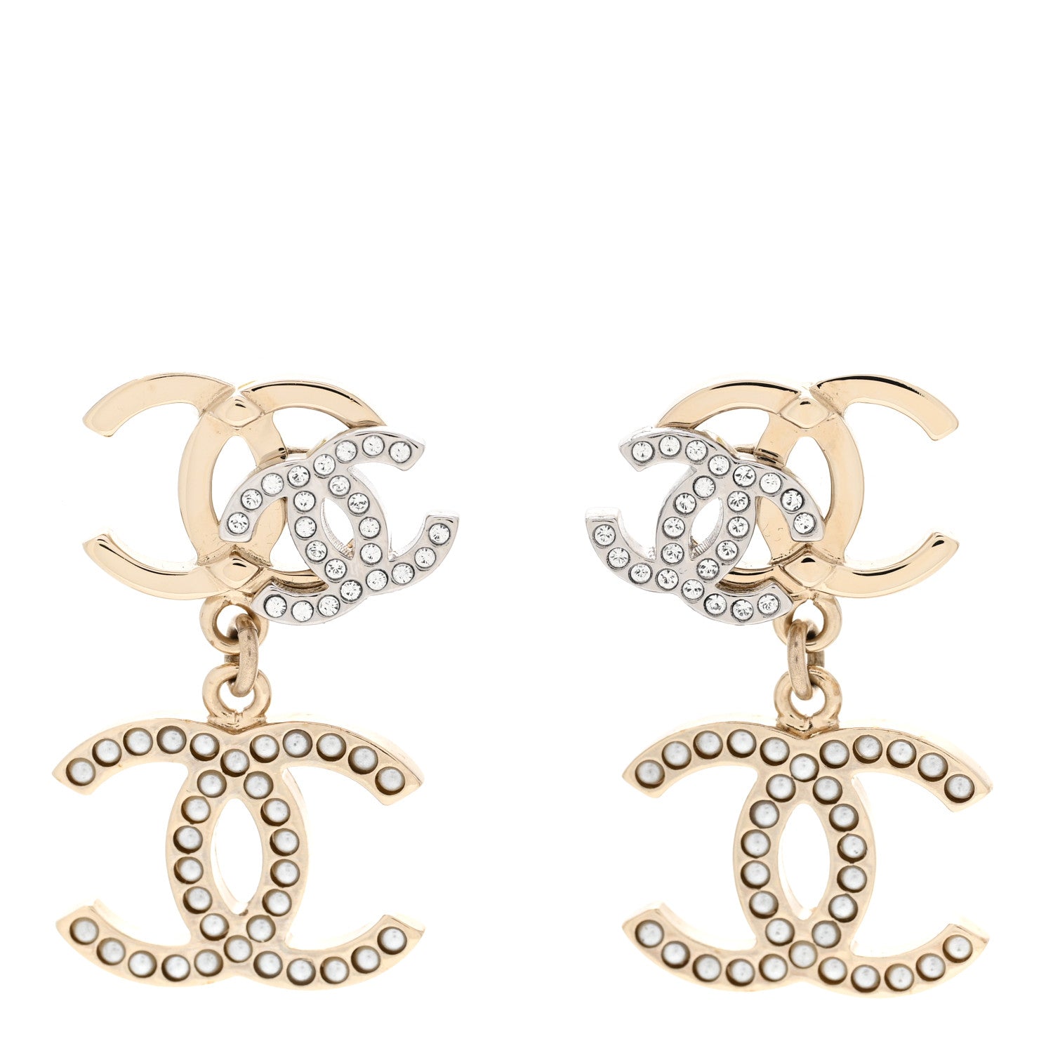 Chanel Crystal Pearl Double CC Drop Earrings Gold Silver 1 of 5