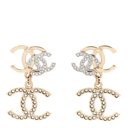Chanel Crystal Pearl Double CC Drop Earrings Gold Silver 1 of 5