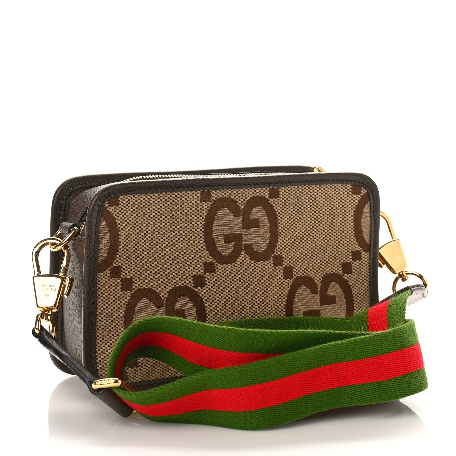 Gucci Monogram Jumbo GG Textured Dollar Calfskin Web Mini Crossbody Bag Camel Ebony New Acero 3 of 8