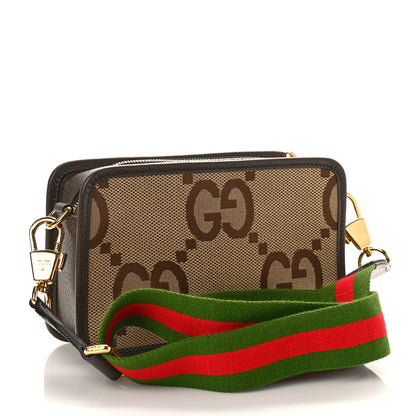 Gucci Monogram Jumbo GG Textured Dollar Calfskin Web Mini Crossbody Bag Camel Ebony New Acero 3 of 8