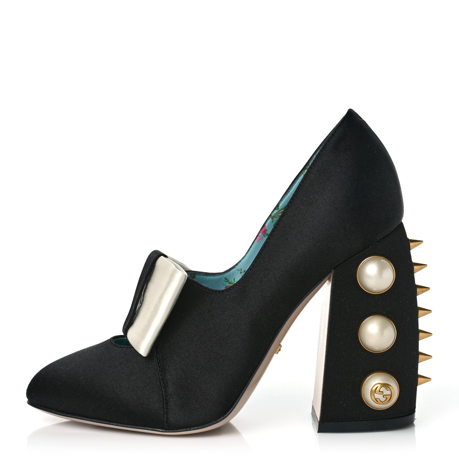 Gucci Silk Satin Pearl Studded Luna Bow Pumps 36 Black Gold 1 of 8