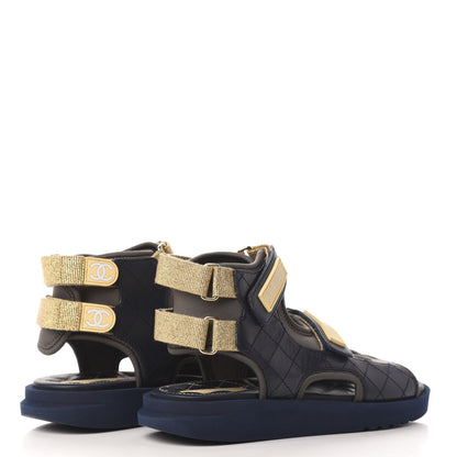 Chanel Goatskin Fabric Flat Sandals 37 Navy Blue Grey Yellow 4 of 8