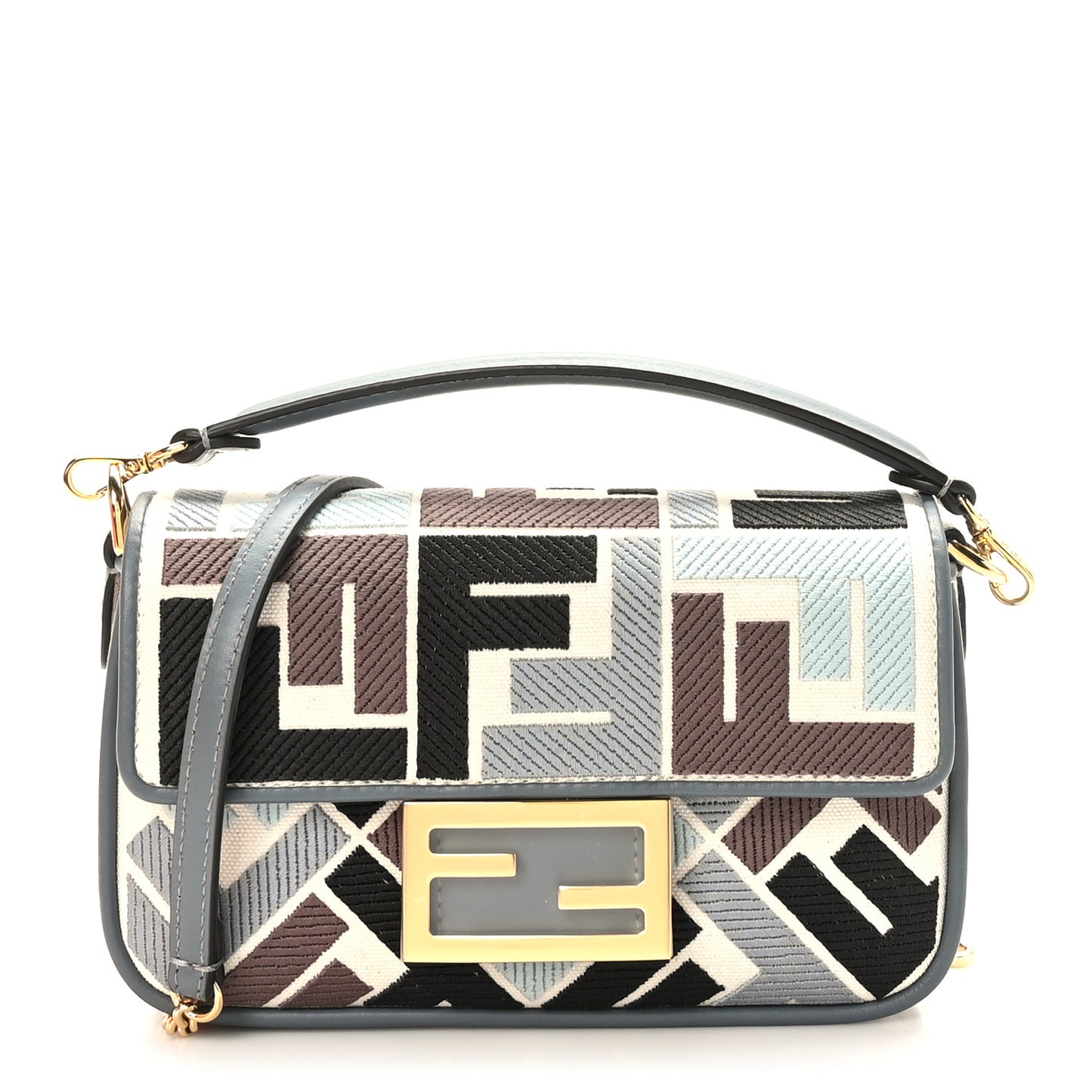 Canvas Vitello Seta FF Multicolor Embroidered Mini Baguette Multicolor Anice Tortora