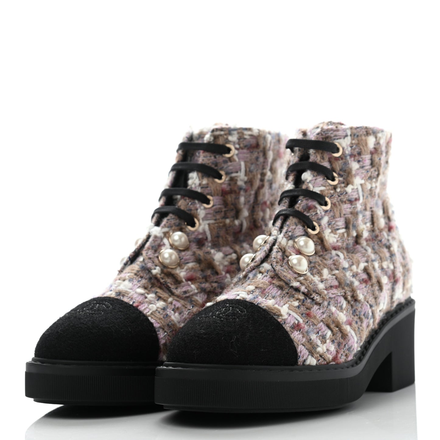Tweed Calfskin Pearl Combat Short Boots 38.5 Multicolor