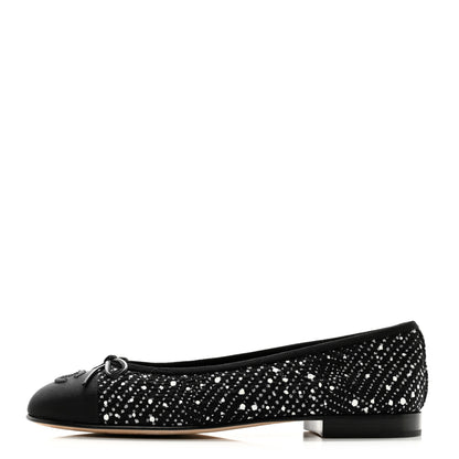 Chanel Cotton Tweed Grosgrain Cap Toe Ballerina Flats 37.5 Black Silver White 1 of 9