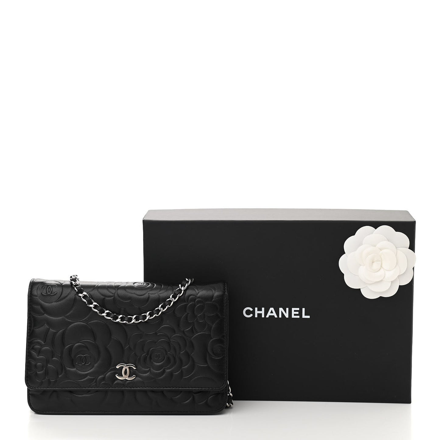 Lambskin Camellia Embossed Wallet on Chain WOC Black