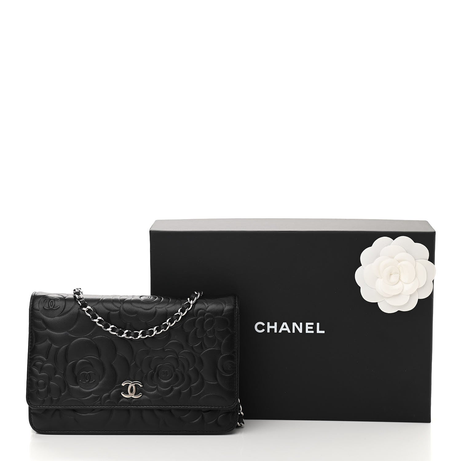 Chanel Lambskin Camellia Embossed Wallet on Chain WOC Black 14 of 14