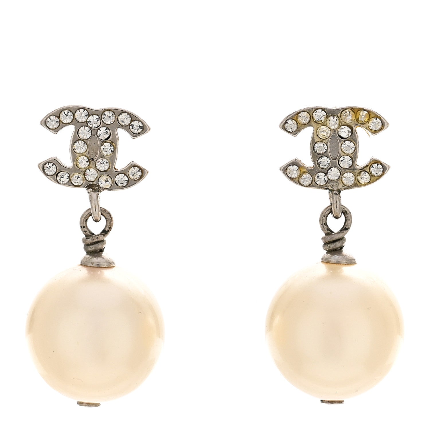 Chanel Crystal Pearl CC Drop Earrings Silver Pearly White 1 of 3