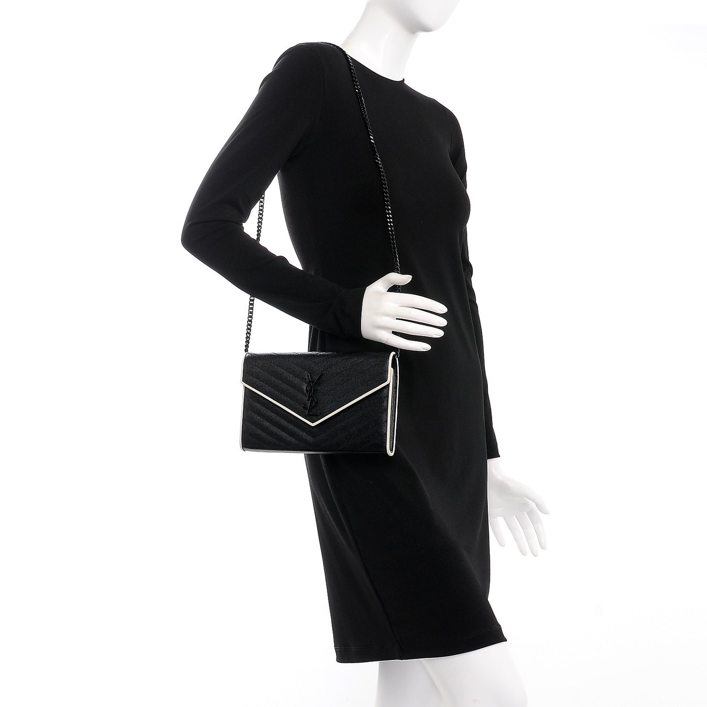 Grain De Poudre Matelasse Chevron Monogram Chain Wallet Black White