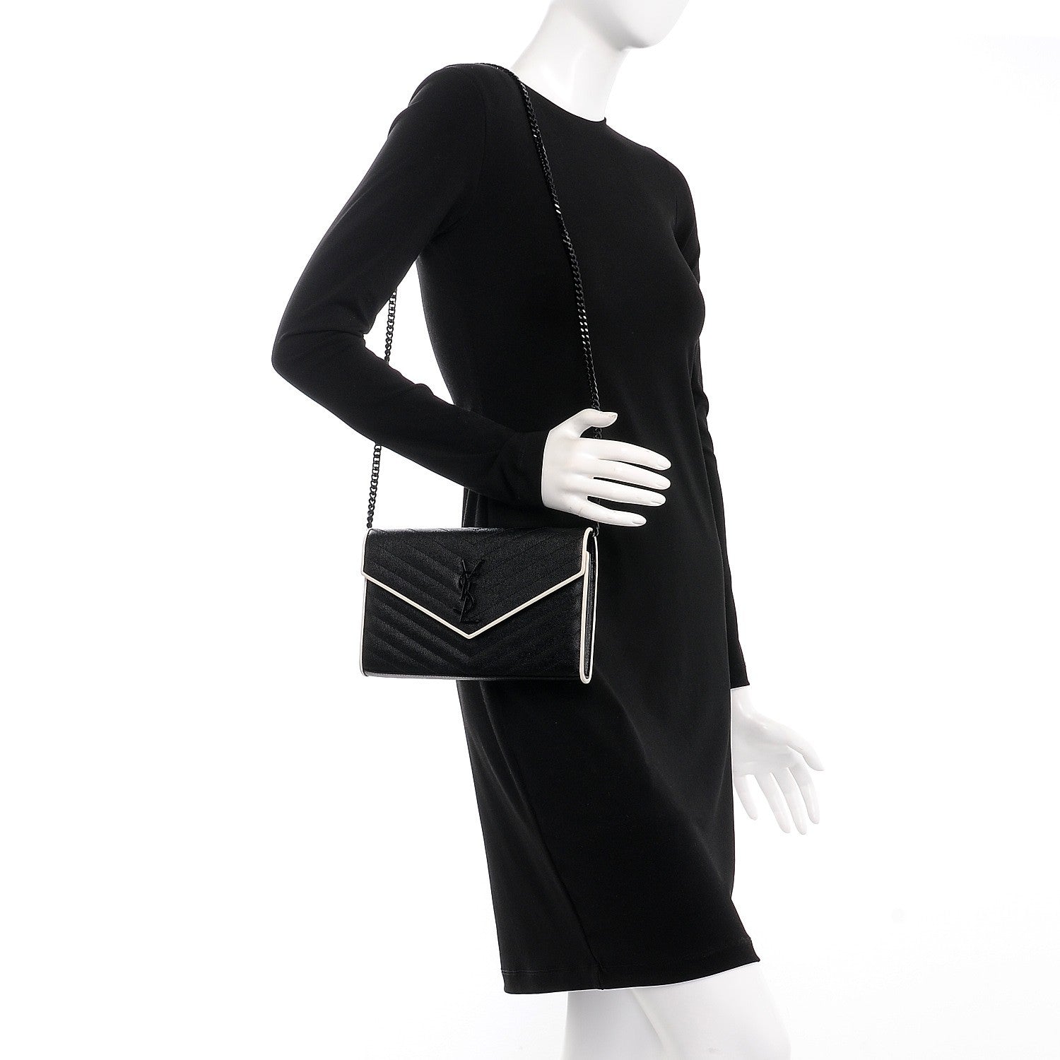 Saint Laurent Grain De Poudre Matelasse Chevron Monogram Chain Wallet Black White 2 of 8