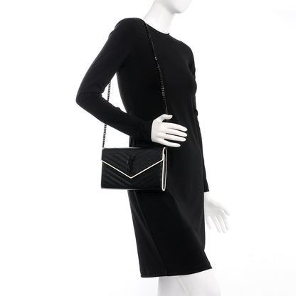 Saint Laurent Grain De Poudre Matelasse Chevron Monogram Chain Wallet Black White 2 of 8