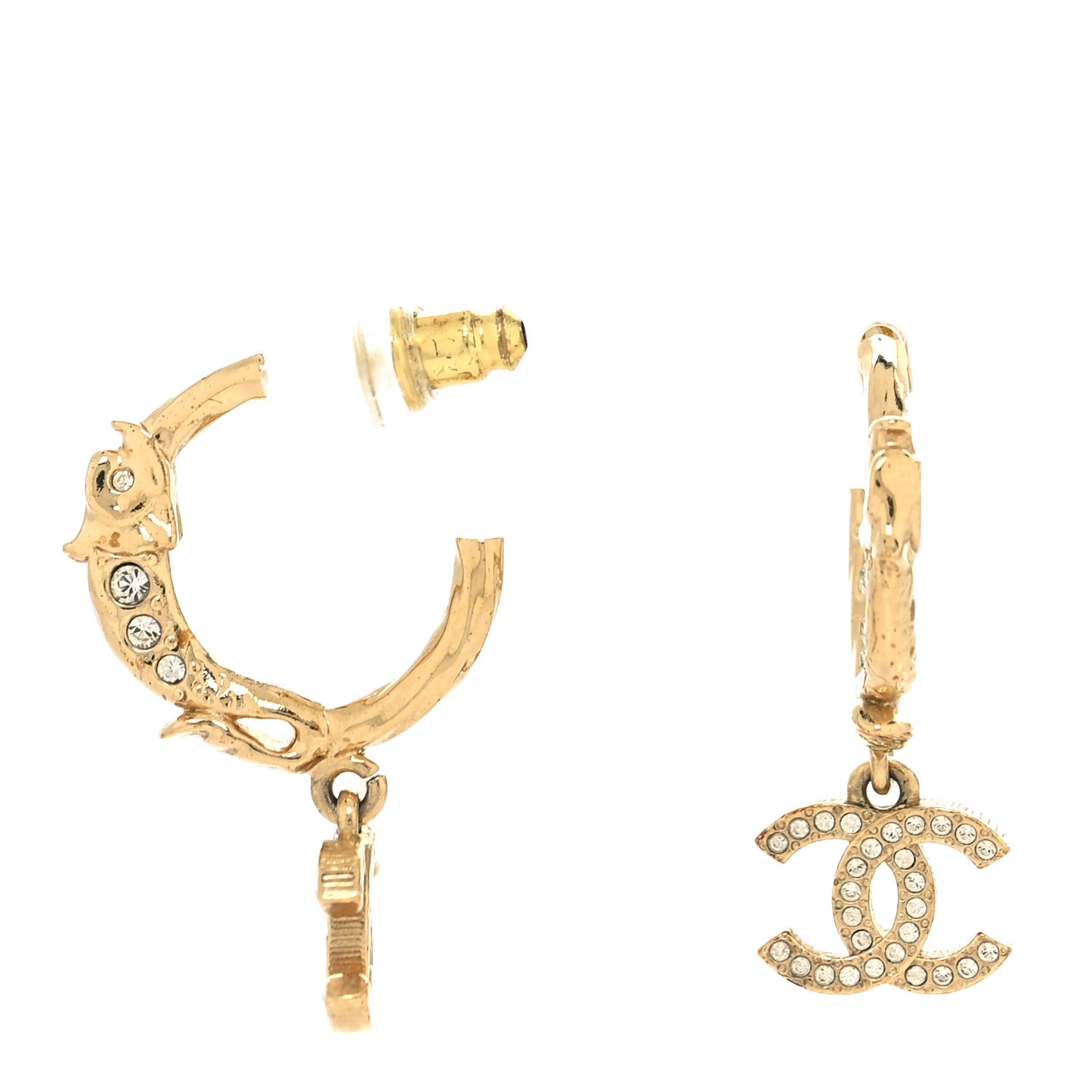 Metal Crystal Studded CC Hoop Drop Earrings Gold