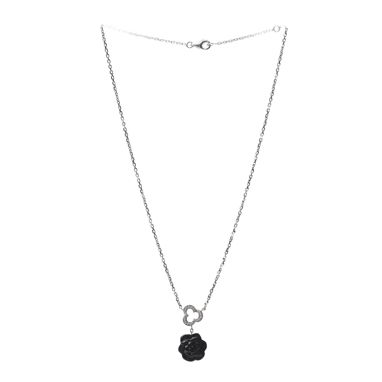 Chanel 18K White Gold Diamond Black Onyx Camelia Sculpte Drop Pendant Necklace 3 of 5