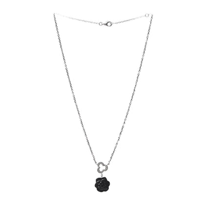 Chanel 18K White Gold Diamond Black Onyx Camelia Sculpte Drop Pendant Necklace 3 of 5