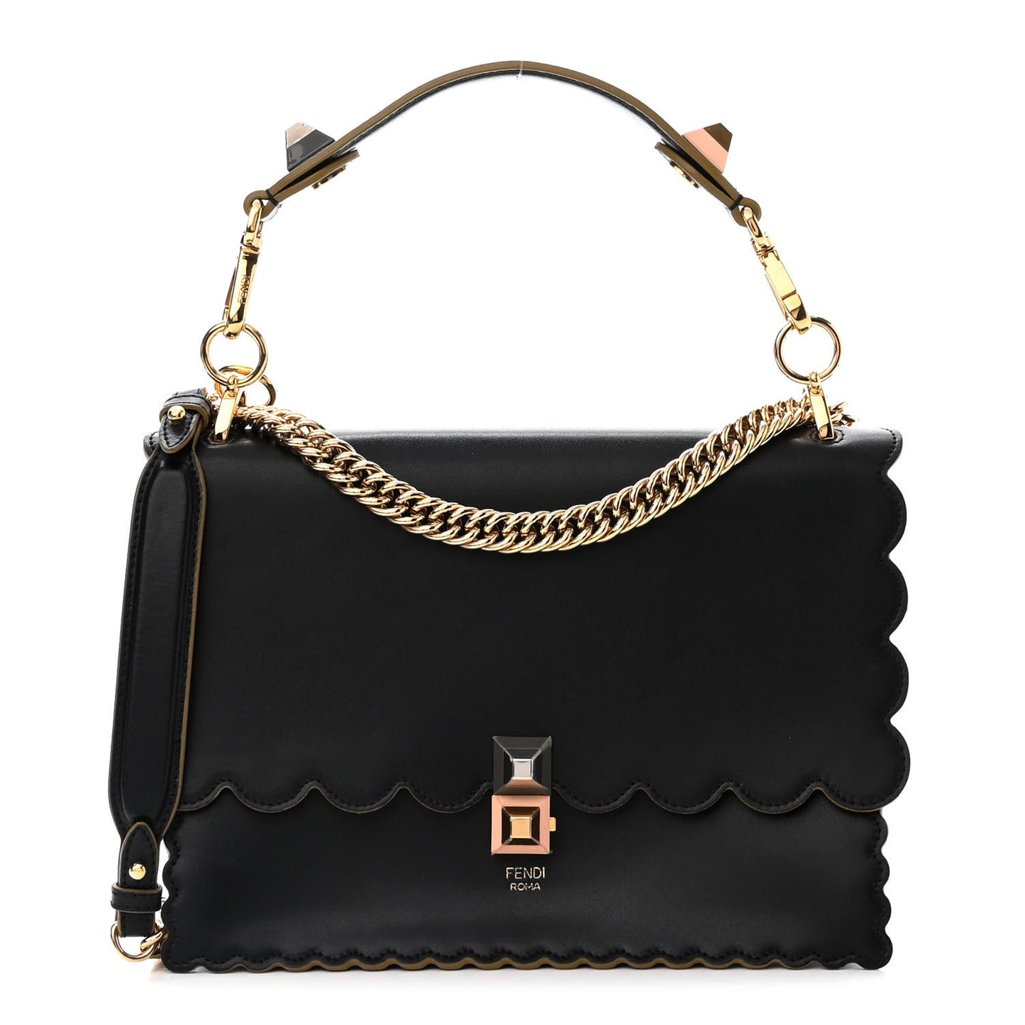 Vitello Liberty Scalloped Studded Kan I Shoulder Bag Black