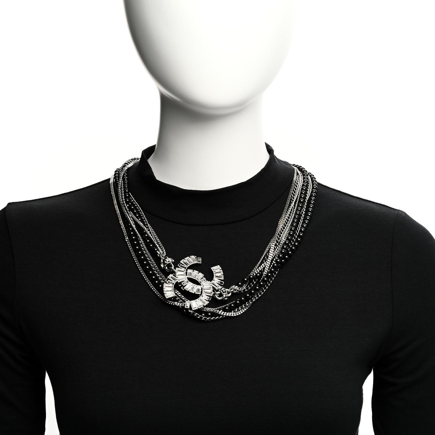 Metal Crystal Baguette Beaded CC Multi Strand Long Necklace Silver Black