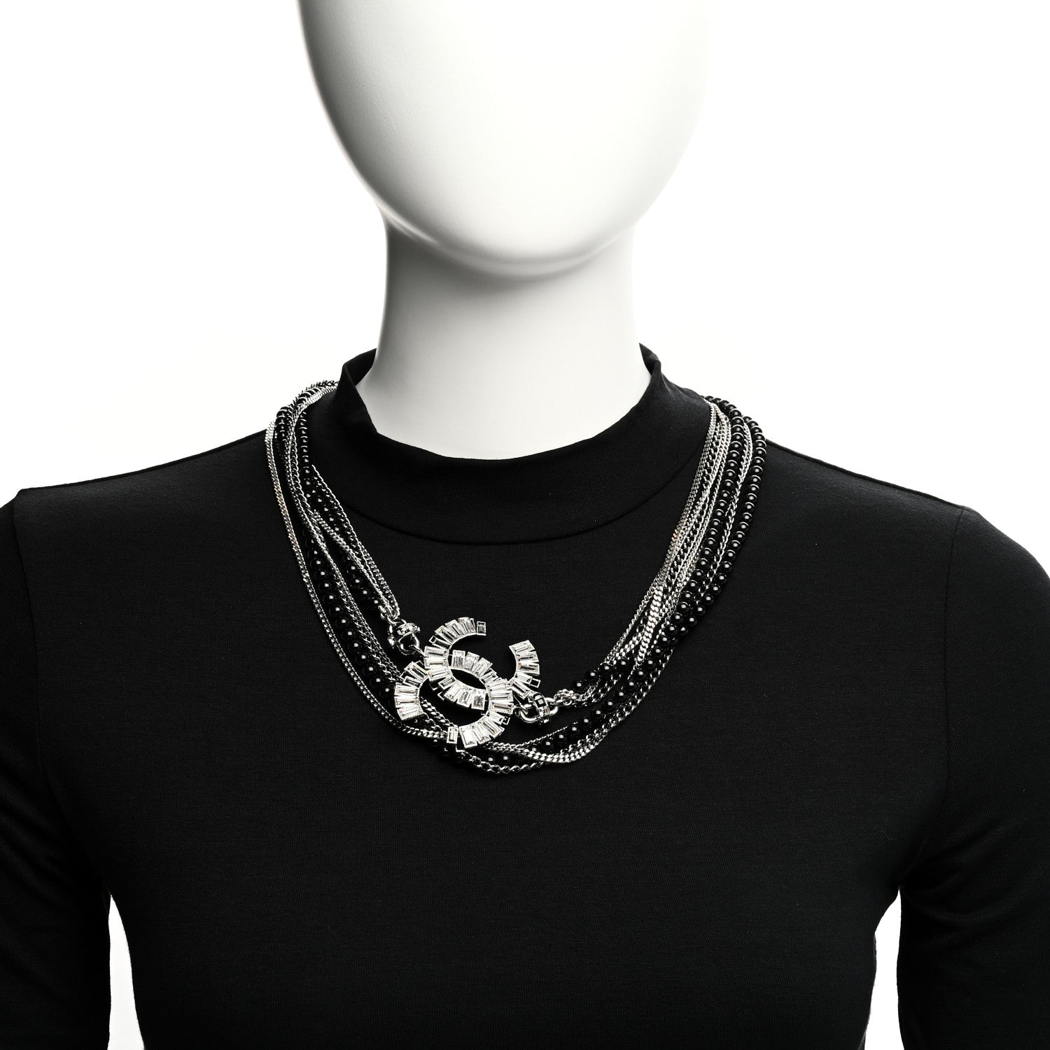 Chanel Metal Crystal Baguette Beaded CC Multi Strand Long Necklace Silver Black 2 of 6