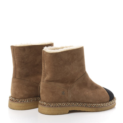 Chanel Kid Suede Shearling Womens Cap Toe Chain Short Boots 37.5 Light Brown Black 4 of 6