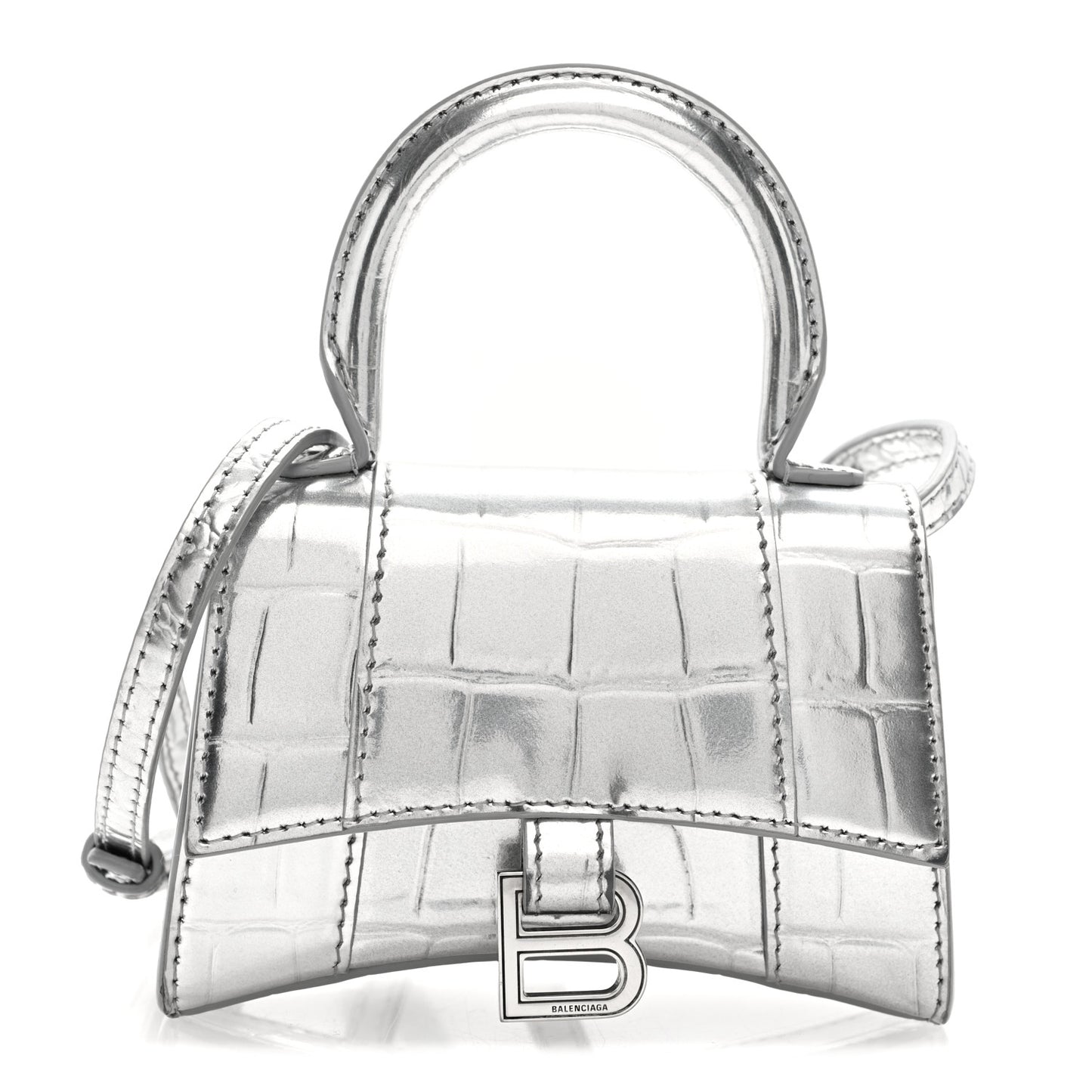 Metallic Calfskin Crocodile Embossed Hourglass Top Handle Bag Mini Silver
