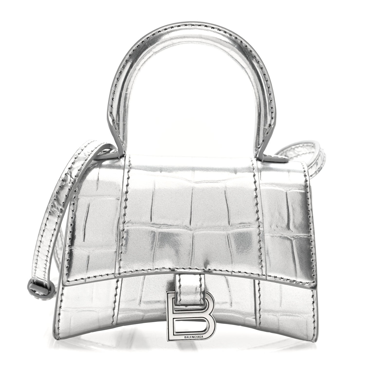 Balenciaga Metallic Calfskin Crocodile Embossed Hourglass Top Handle Bag Mini Silver 1 of 9