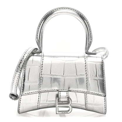 Balenciaga Metallic Calfskin Crocodile Embossed Hourglass Top Handle Bag Mini Silver 1 of 9