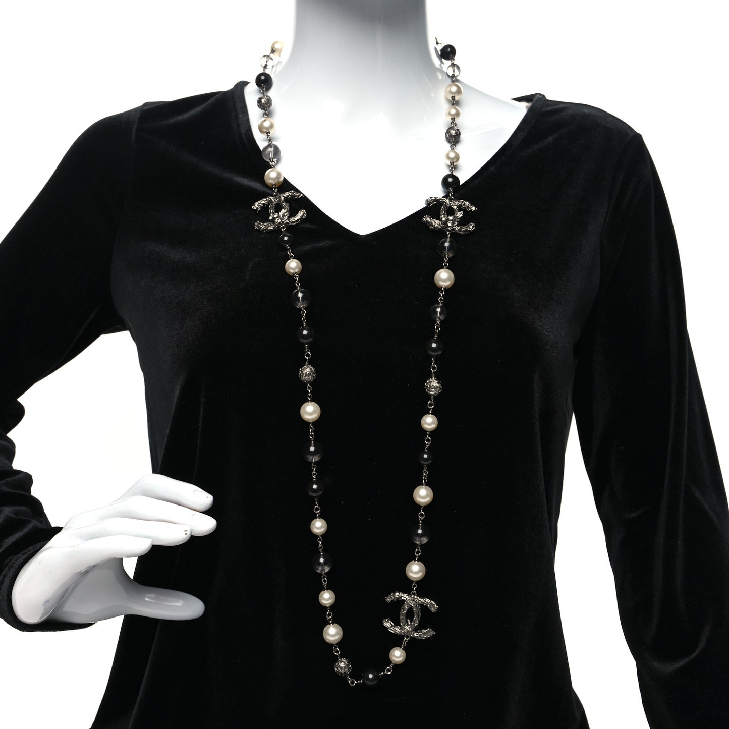 Pearl Beaded CC Long Necklace Silver Black
