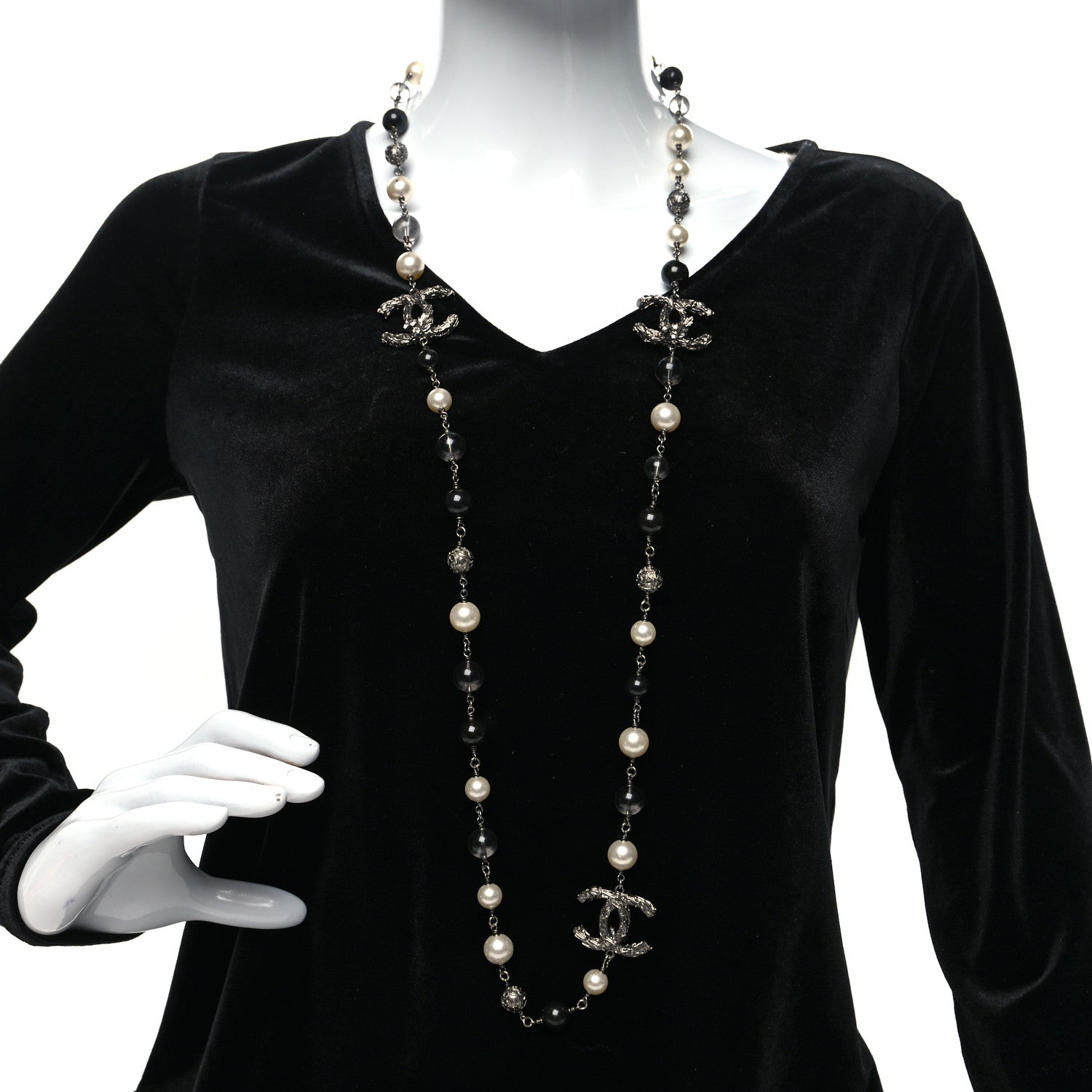 Chanel Pearl Beaded CC Long Necklace Silver Black 2 of 4