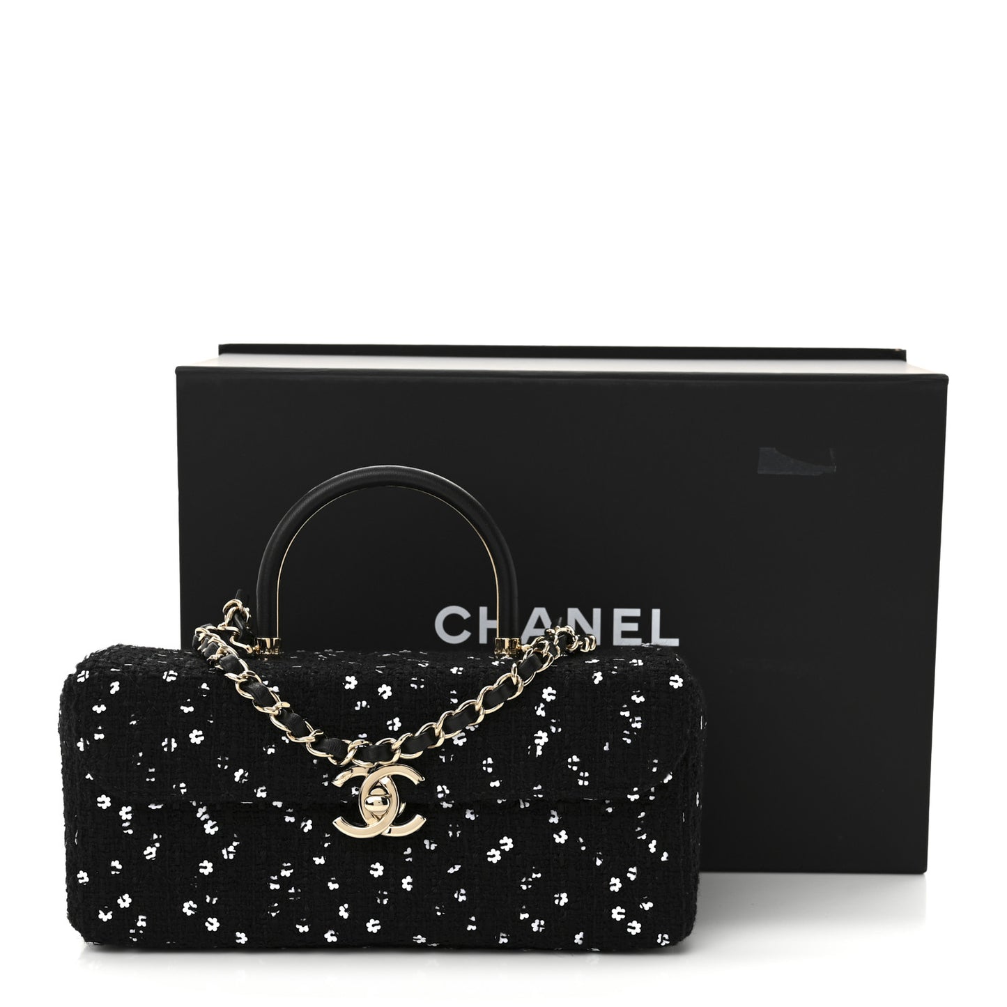 Tweed Sequin Quilted Top Handle Box Bag Black