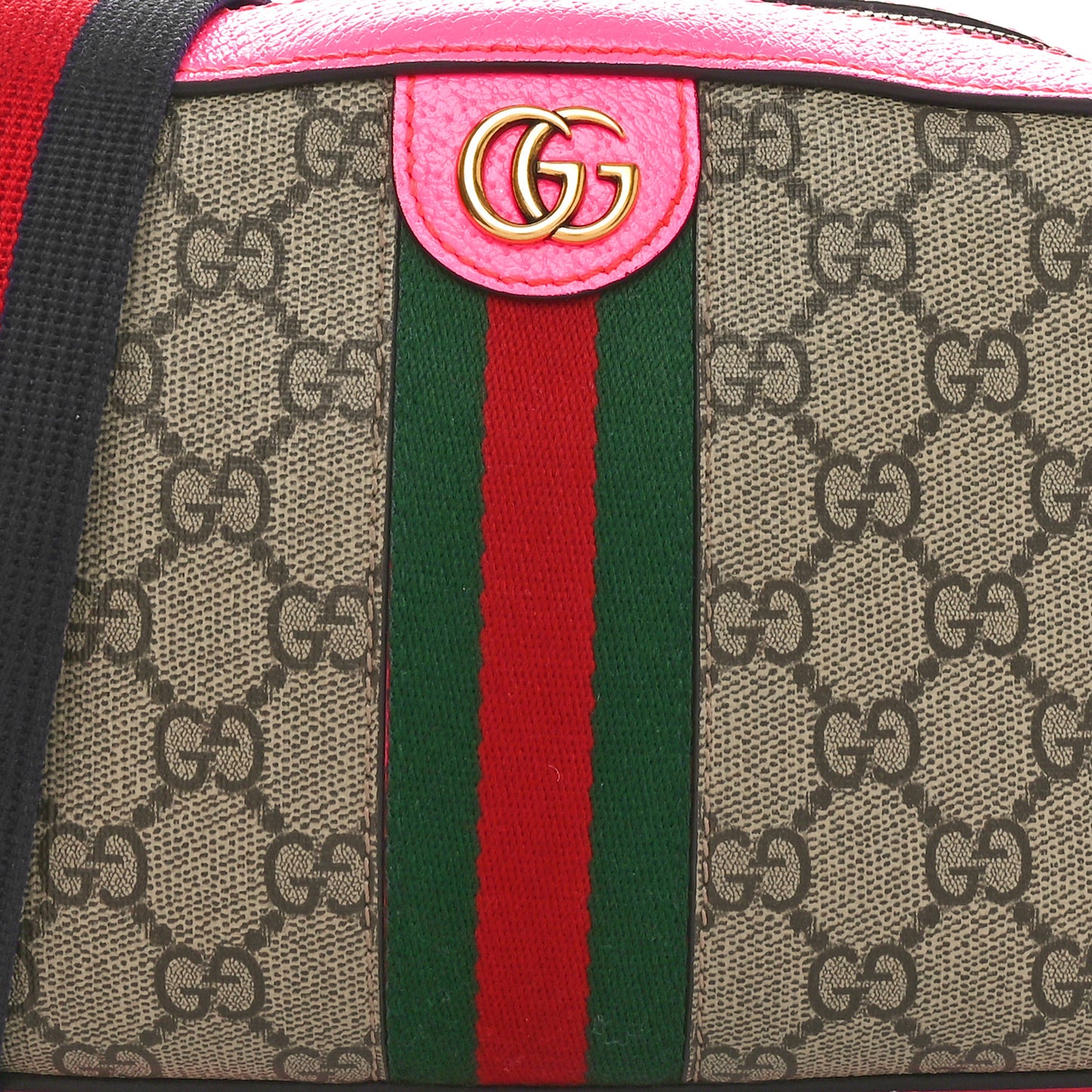 GG Supreme Monogram Textured Dollar Calfskin Web Ophidia Small Crossbody Bag Beige Ebony Fuchsia