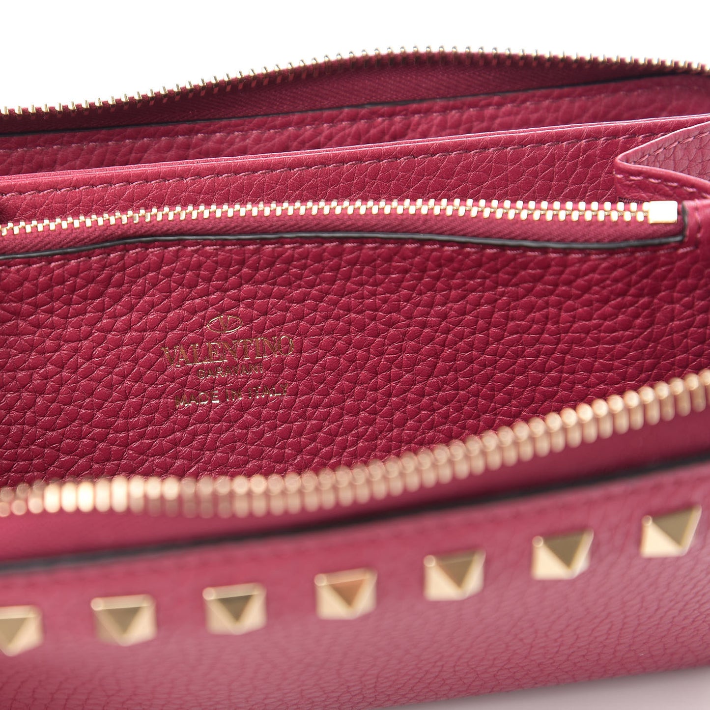 Pebbled Calfskin Rockstud Zip Around Wallet Raspberry