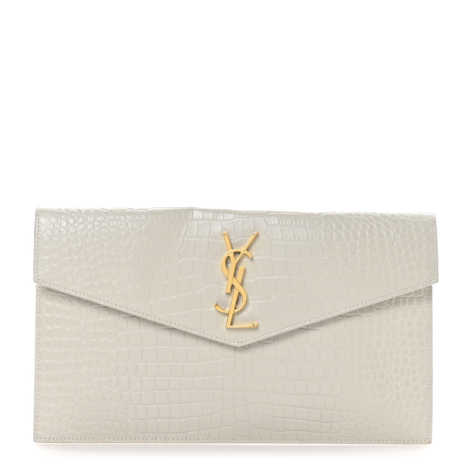Saint Laurent Calfskin Crocodile Embossed Uptown Monogram Pouch Crema Soft 1 of 7