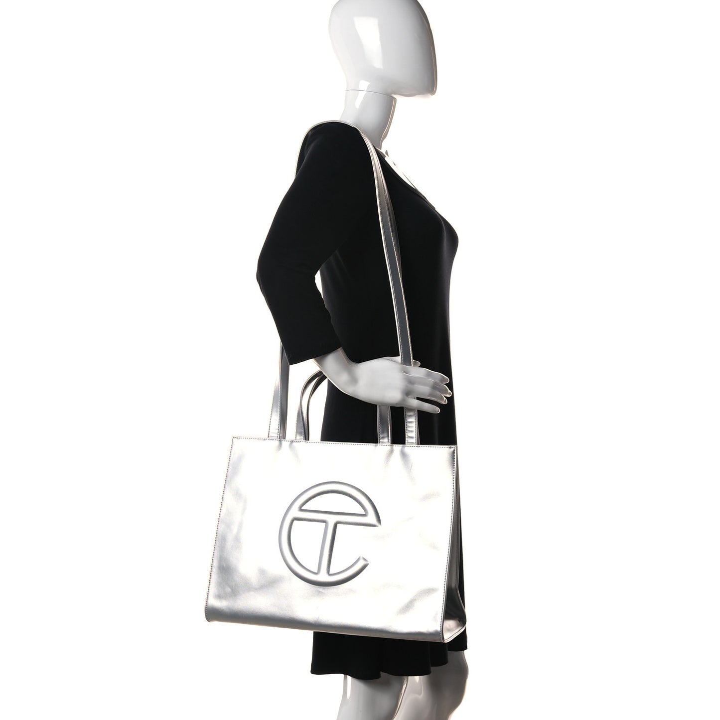 Metallic Vegan Leather Medium Shopping Bag Silver