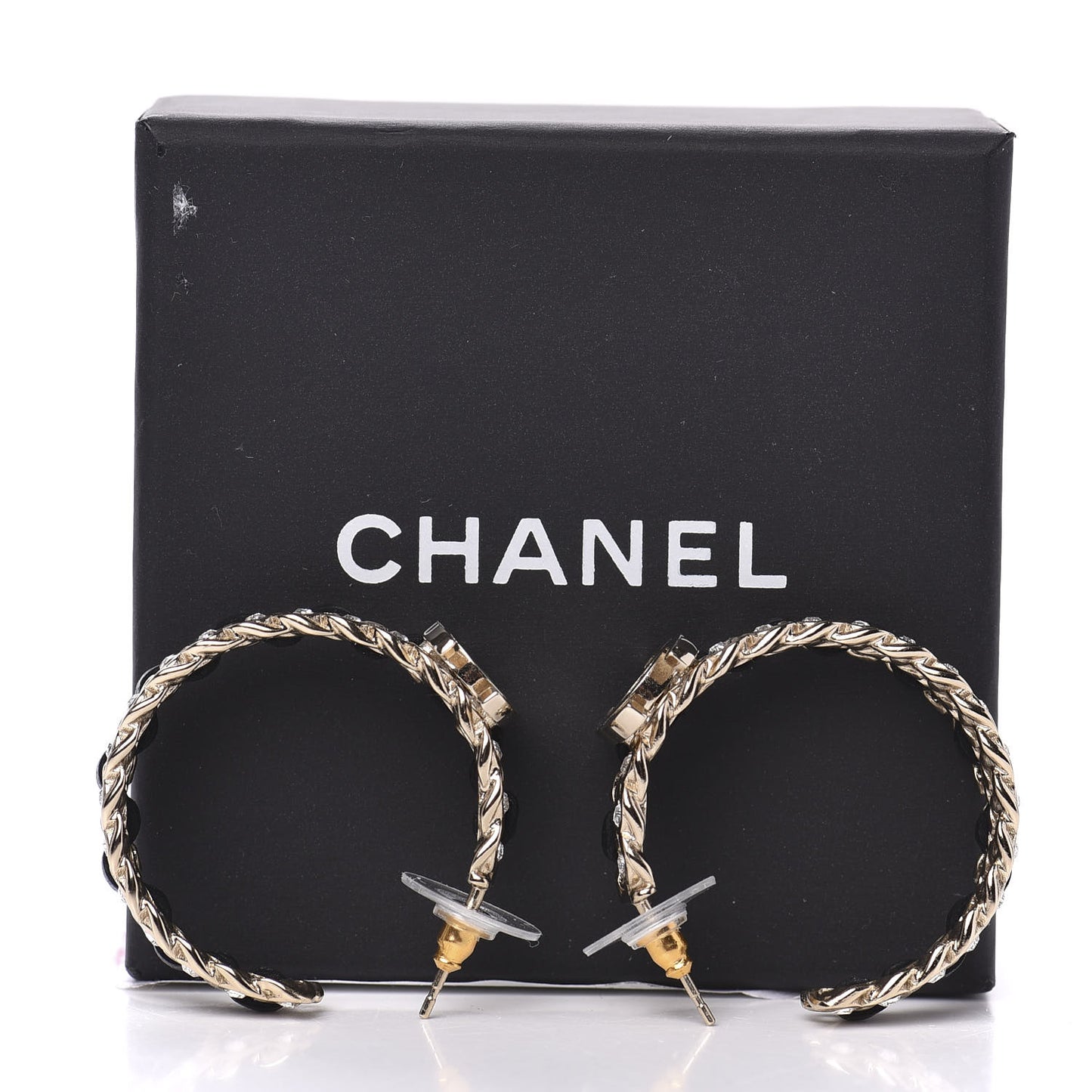 Crystal Lambskin CC Chain Hoop Earrings Gold Black