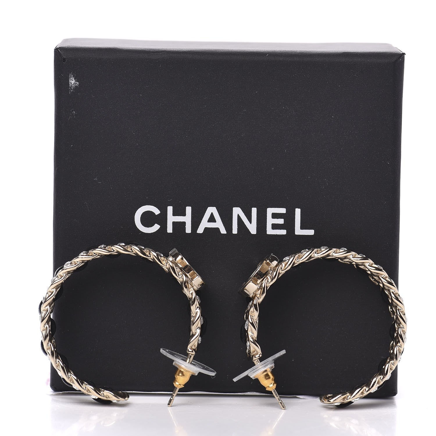 Chanel Crystal Lambskin CC Chain Hoop Earrings Gold Black 5 of 5
