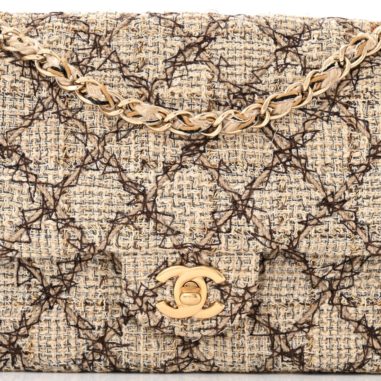 Metallic Tweed Quilted Medium Single Flap Beige Multicolor