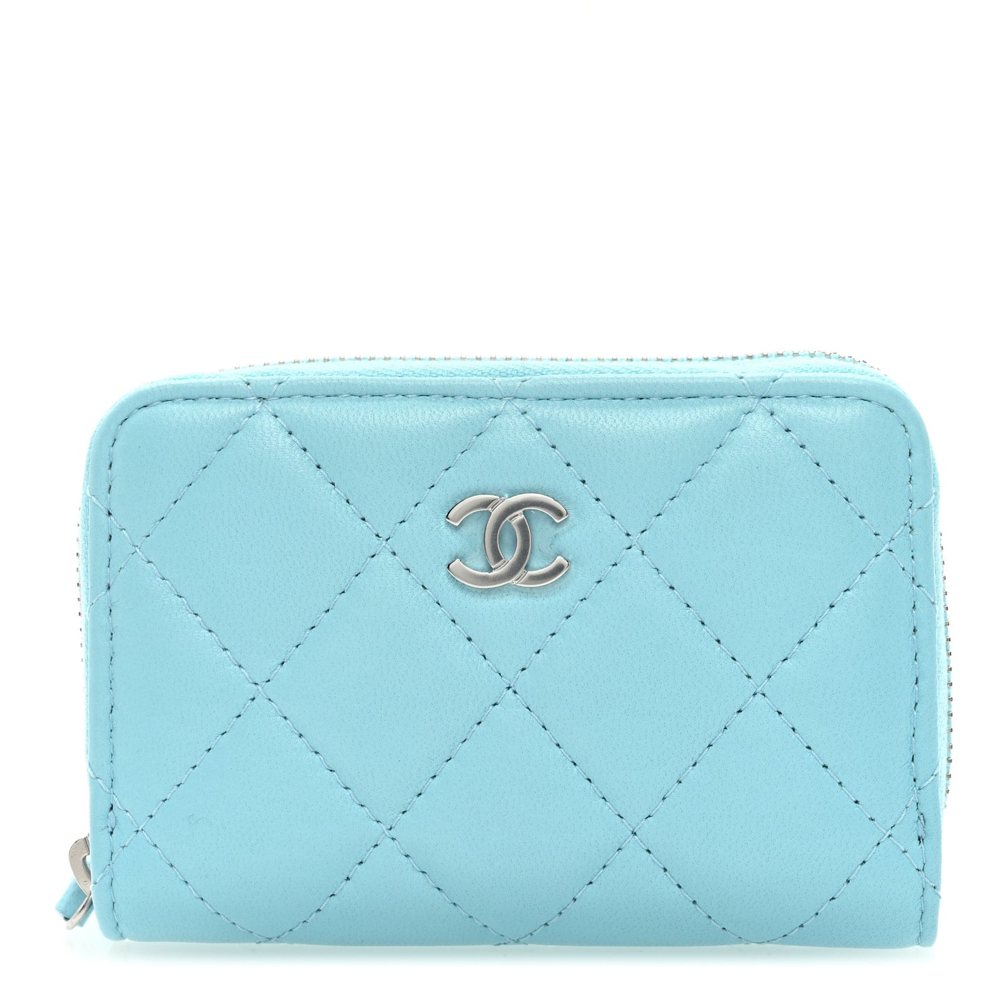 Lambskin Quilted Zip Around Coin Purse Wallet Neon Blue