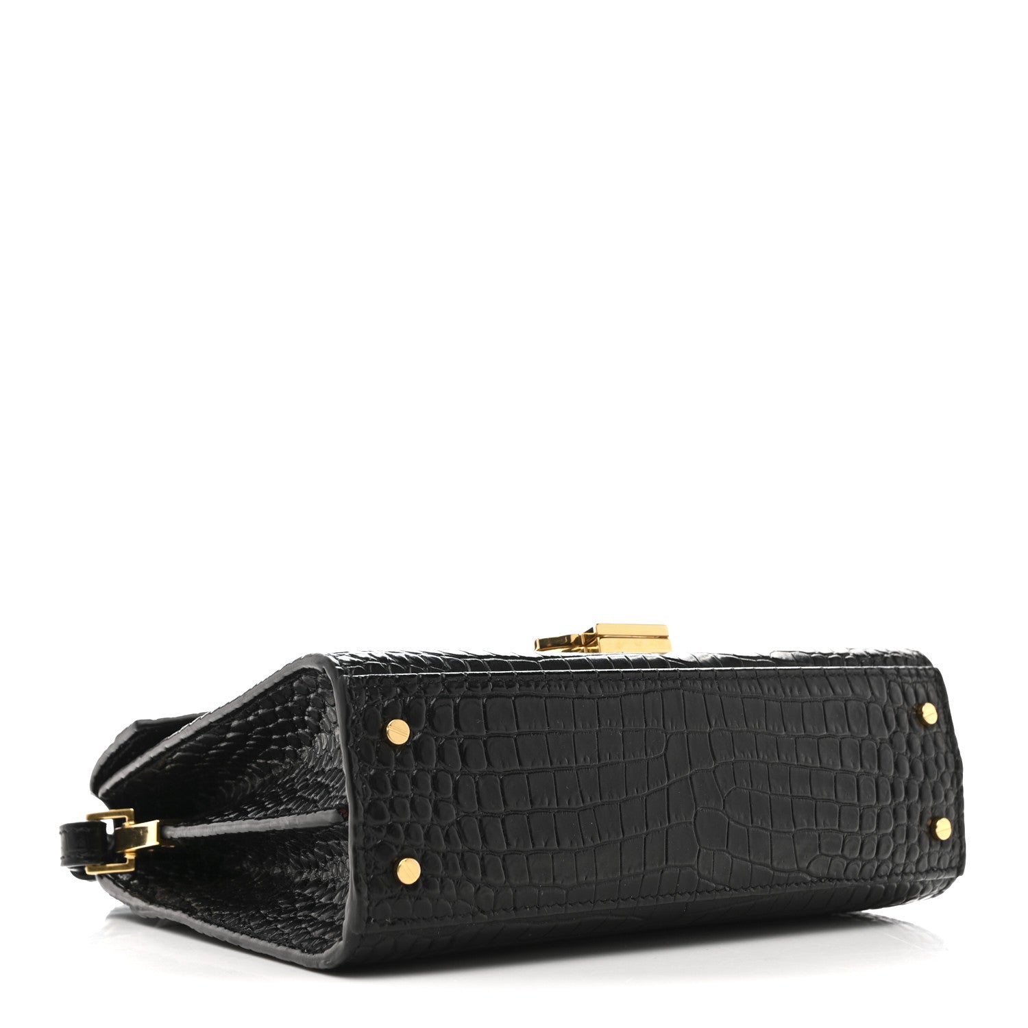 Saint Laurent Calfskin Crocodile Embossed Mini Classic Monogram Cassandra Top Handle Black 4 of 14