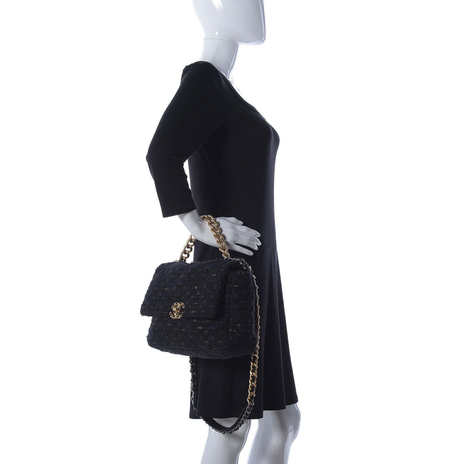 Chanel Tweed Quilted Large Chanel 19 Flap Black Navy Gold 3 of 10